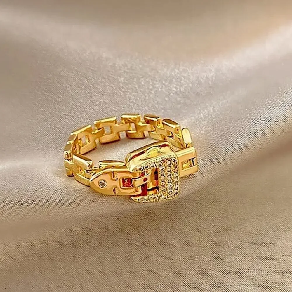 Gold Belt Buckle Bracelet Matching Ring Set, Zircon, Chain Link, Minimalist - Picture 13 of 13